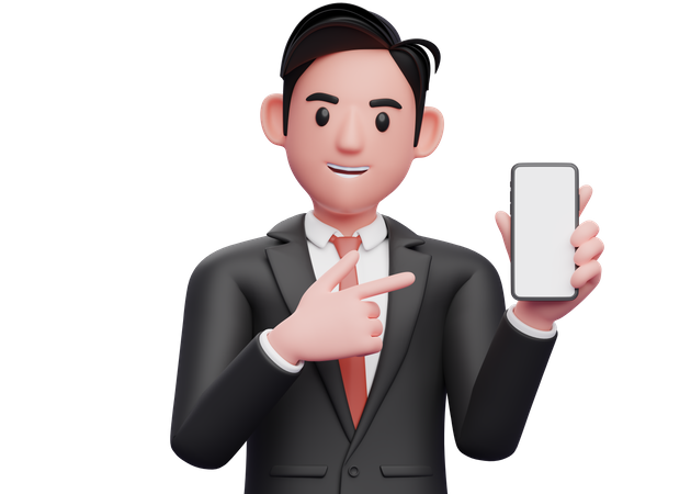 Businessman in black formal suit holding and pointing to phone screen  3D Illustration