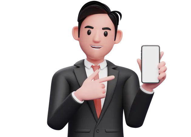 Businessman in black formal suit holding and pointing to phone screen  3D Illustration