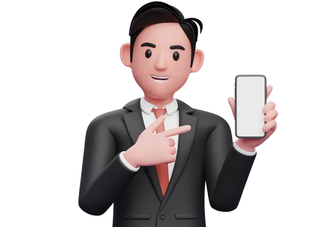 Businessman in black formal suit holding and pointing to phone screen 3D Illustration
