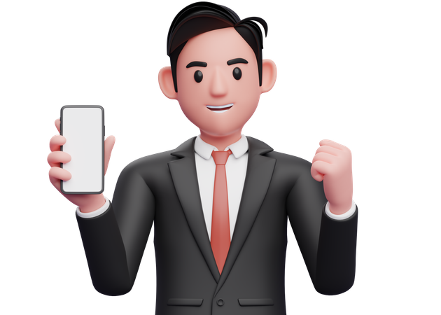 Businessman in black formal suit holding phone and celebrating  3D Illustration