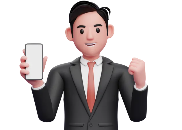 Businessman in black formal suit holding phone and celebrating  3D Illustration