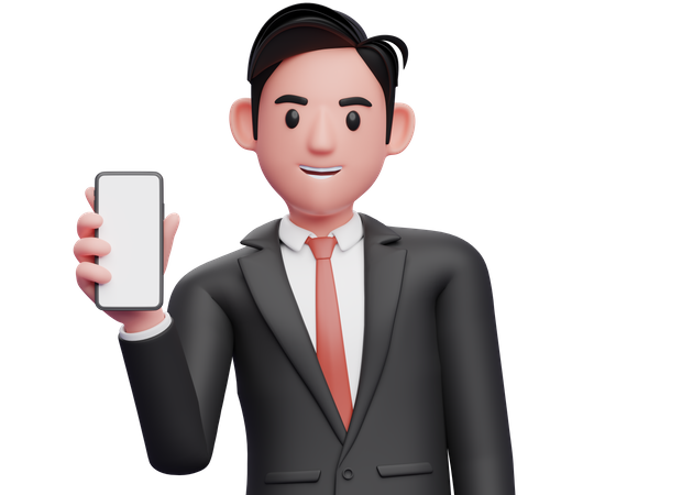 Businessman in black formal suit holding phone while tilting body  3D Illustration