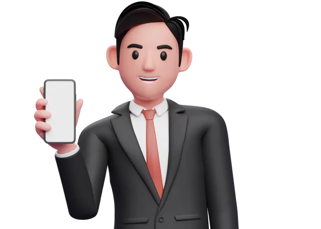 Businessman in black formal suit holding phone while tilting body  3D Illustration