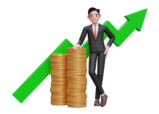 Businessman in black formal suit leaning on pile of gold coins with growing statistics ornament on the back 3D Illustration