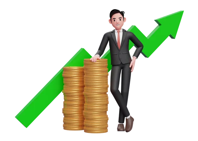 Businessman in black formal suit leaning on pile of gold coins with growing statistics ornament on the back 3D Illustration