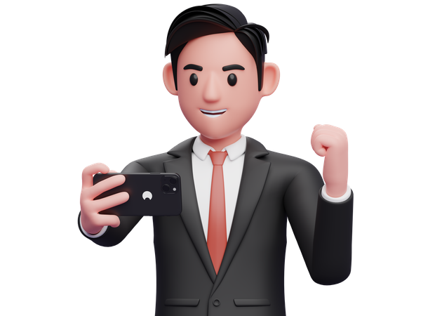 Businessman in black formal suit looking phone screen and celebrating  3D Illustration