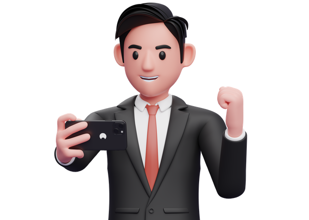 Businessman in black formal suit looking phone screen and celebrating 3D Illustration