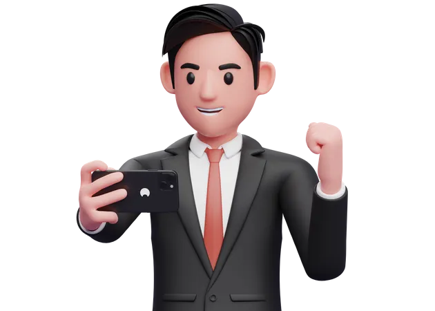 Businessman in black formal suit looking phone screen and celebrating  3D Illustration