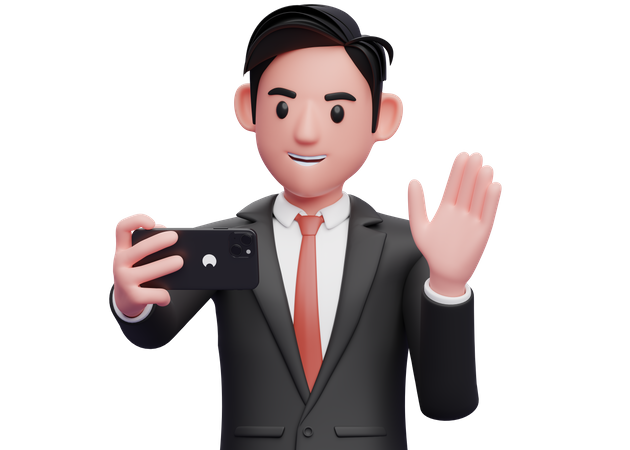 Businessman in black formal suit make a video call waving hand say hello  3D Illustration