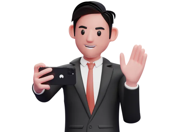 Businessman in black formal suit make a video call waving hand say hello  3D Illustration