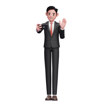 Businessman in black formal suit make video calls and waving hand  3D Illustration