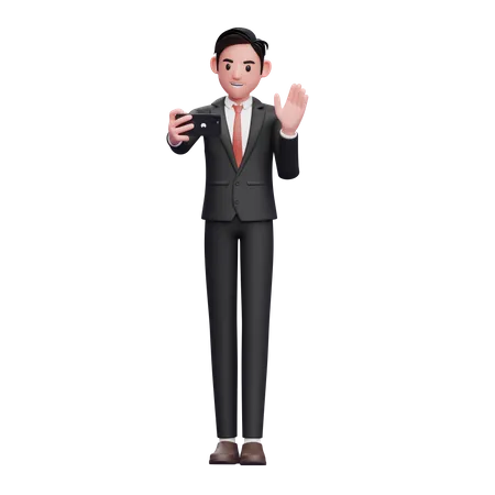 Businessman in black formal suit make video calls and waving hand  3D Illustration