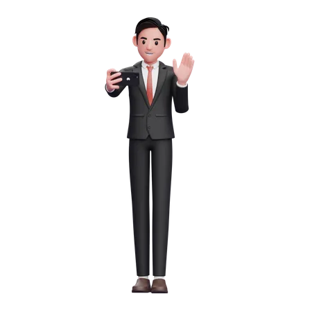 Businessman In Black Formal Suit Make Video Calls And Waving Hand 3 D Illustration Of Businessman Using Phone 3D Illustration