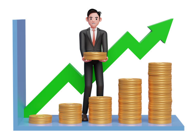 Businessman in black formal suit making statistical bar chart with pile of gold coins  3D Illustration