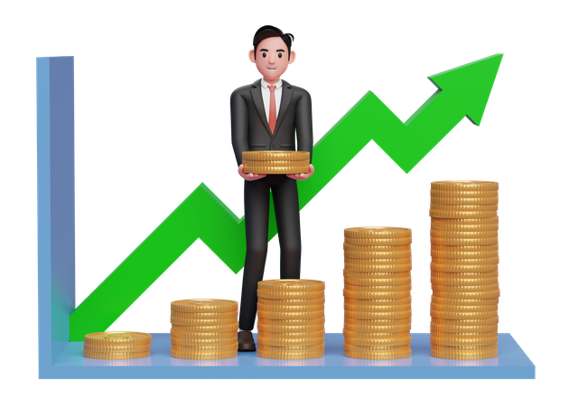 Businessman in black formal suit making statistical bar chart with pile of gold coins 3D Illustration