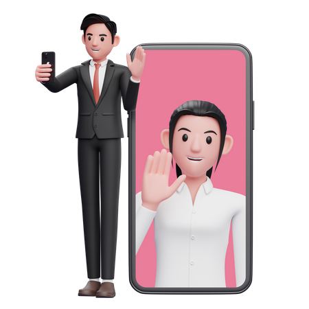 Businessman in black formal suit making video call with partner  3D Icon