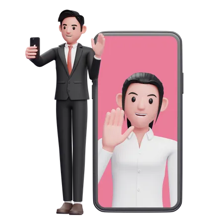 Businessman in black formal suit making video call with partner  3D Illustration