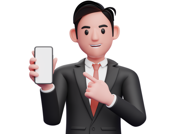 Businessman in black formal suit pointing cell phone with index finger  3D Illustration