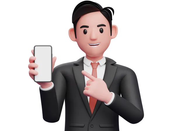 Businessman in black formal suit pointing cell phone with index finger  3D Illustration