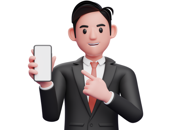 Businessman in black formal suit pointing cell phone with index finger 3D Illustration