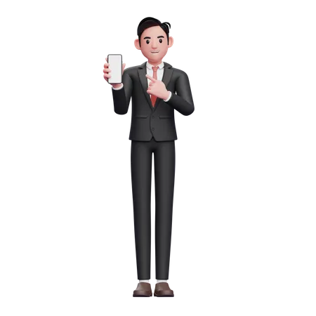 Businessman in black formal suit pointing to phone screen 3D Illustration