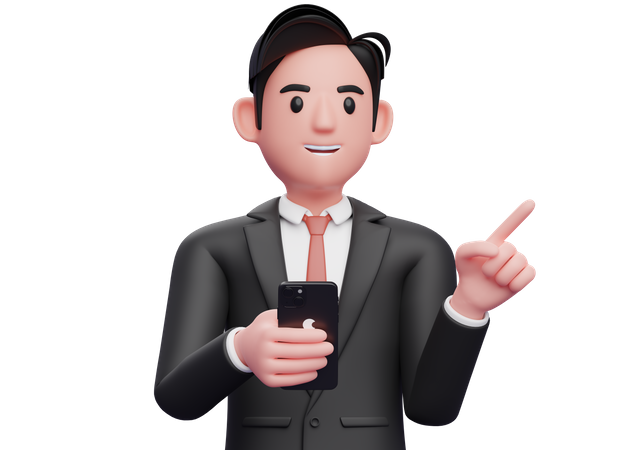 Businessman in black formal suit pointing to the side choosing gesture and holding a phone  3D Illustration