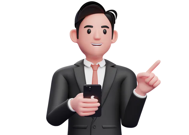 Businessman in black formal suit pointing to the side choosing gesture and holding a phone  3D Illustration