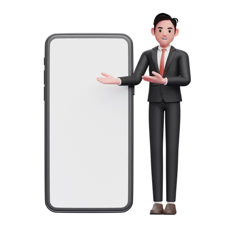 Businessman in black formal suit presenting big mobile phone with white screen  3D Illustration