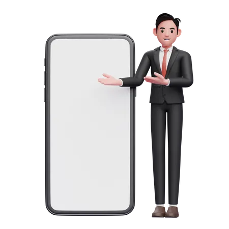 Businessman In Black Formal Suit Presenting Big Mobile Phone With White Screen 3 D Illustration Of Businessman Using Phone 3D Illustration