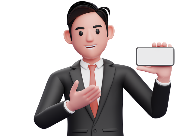 Businessman in black formal suit presenting pose with landscape phone  3D Illustration