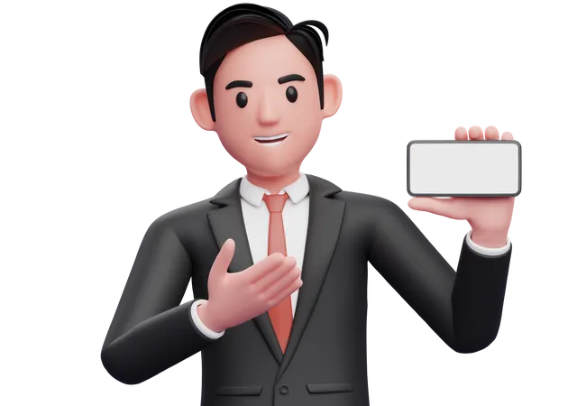 Businessman in black formal suit presenting pose with landscape phone  3D Illustration