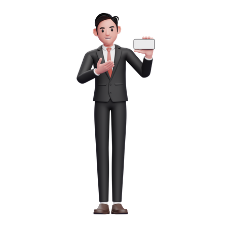 Businessman in black formal suit presenting with a landscape phone screen  3D Illustration