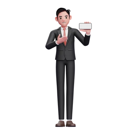 Businessman in black formal suit presenting with a landscape phone screen  3D Illustration