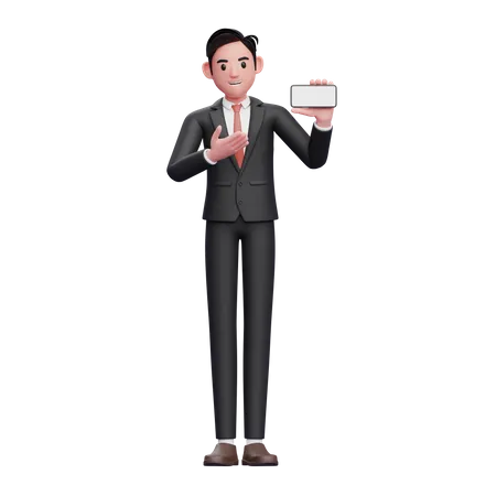 Businessman in black formal suit presenting with a landscape phone screen 3D Illustration