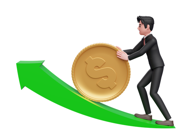 Businessman in black formal suit pushing dollar gold coin up growing green arrow 3D Illustration