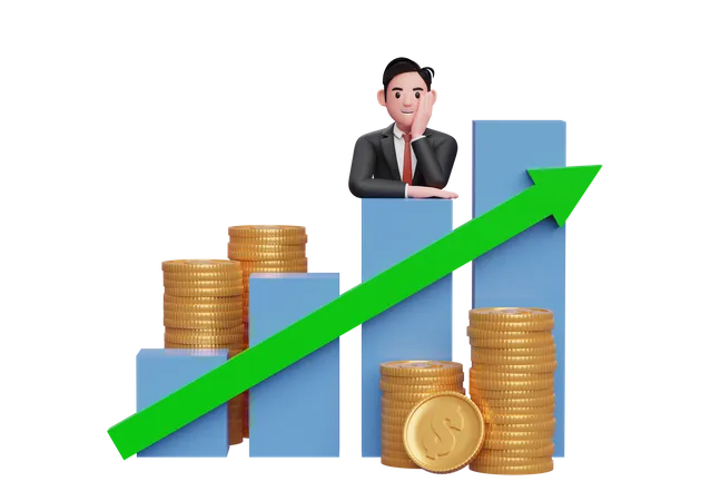 Businessman in black formal suit putting her chin in hand while leaning on bar chart Stock growth  3D Illustration