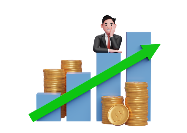 Businessman in black formal suit putting her chin in hand while leaning on bar chart Stock growth  3D Illustration