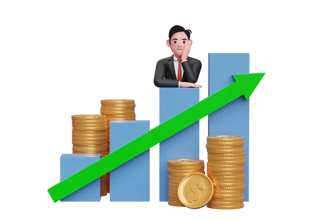 Businessman in black formal suit putting her chin in hand while leaning on bar chart Stock growth 3D Illustration