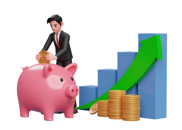 Businessman in black formal suit saving gold coins into piggy bank with bar chart and green arrow up 3D Illustration