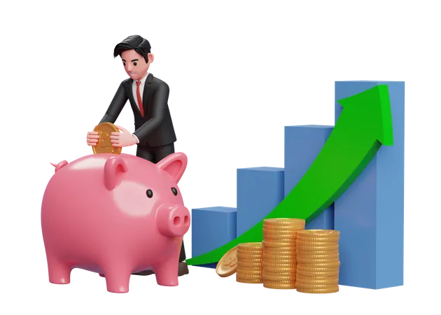 Businessman in black formal suit saving gold coins into piggy bank with bar chart and green arrow up 3D Illustration