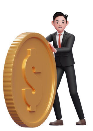 Businessman in black formal suit send big coins by pushing  3D Illustration