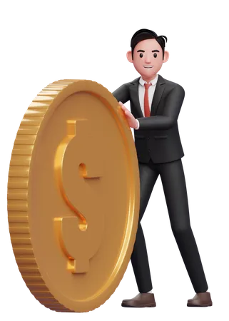 Businessman In Black Formal Suit Send Big Coins By Pushing 3 D Illustration Of A Businessman In Black Formal Suit Holding Dollar Coin 3D Illustration