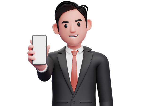 Businessman in black formal suit showing phone screen to the camera  3D Illustration