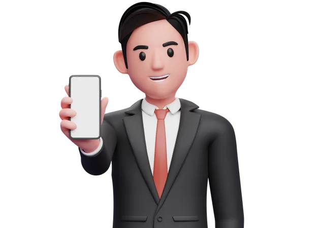 Businessman in black formal suit showing phone screen to the camera  3D Illustration