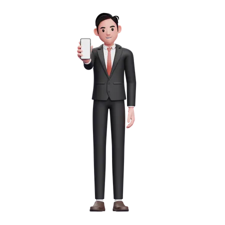 Businessman in black formal suit showing phone screen to the camera  3D Illustration