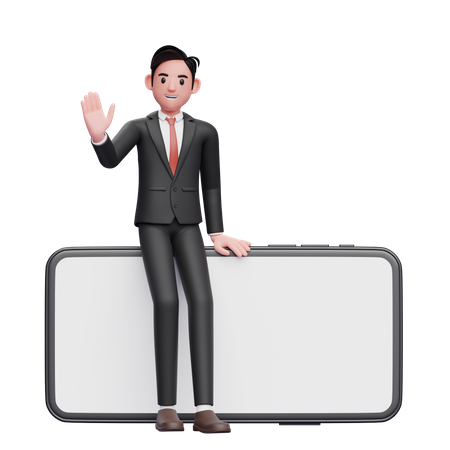 Businessman in black formal suit sitting on a big landscape phone and waving hand  3D Illustration