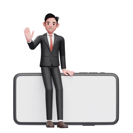 Businessman in black formal suit sitting on a big landscape phone and waving hand  3D Illustration