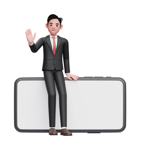 Businessman in black formal suit sitting on a big landscape phone and waving hand 3D Illustration