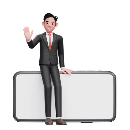 Businessman in black formal suit sitting on a big landscape phone and waving hand 3D Illustration