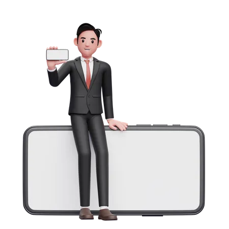 Businessman in black formal suit sitting on a big phone while showing the landscape phone screen 3D Illustration